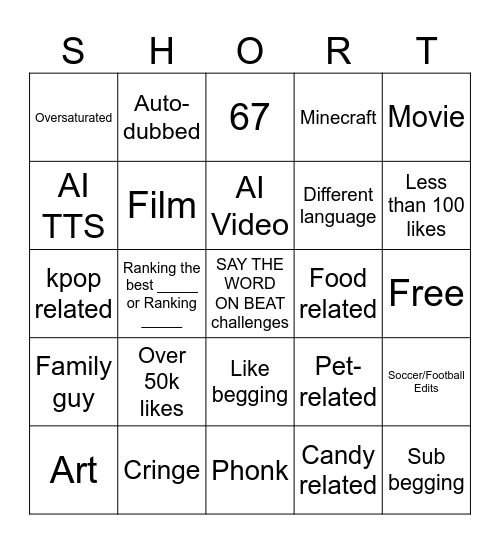 YT Shorts Bingo Card