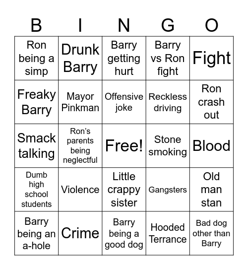 Bad Dog Bingo Card
