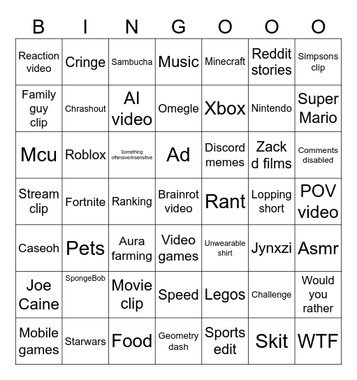 UltimateYouTube shorts bingo Card