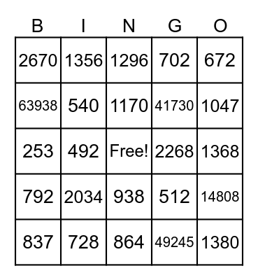 Multiplication Bingo Card