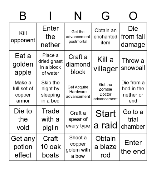 Minecraft Bingo Card