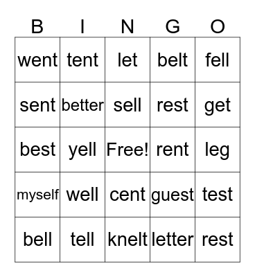 short e bingo Card