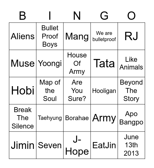 Swim to BTS Bingo Card