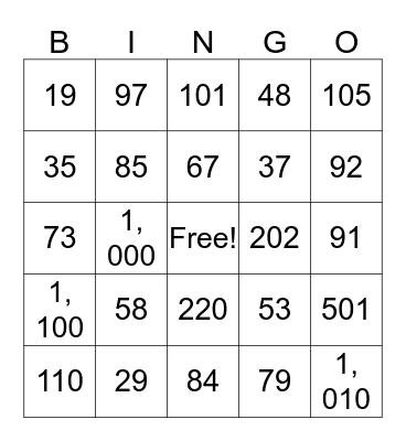 Number BINGO Card