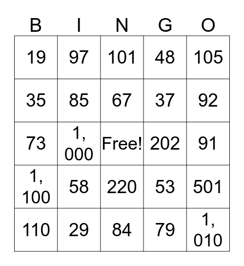 Number BINGO Card