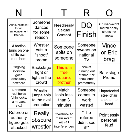 Monday Night War Bingo Card