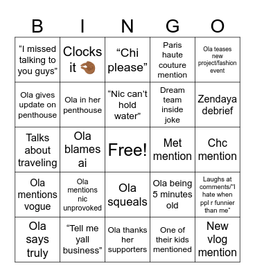Ola instagram live Bingo Card