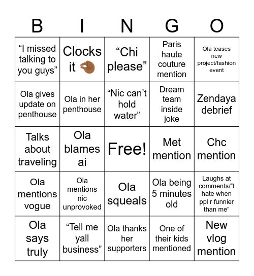 Ola instagram live Bingo Card
