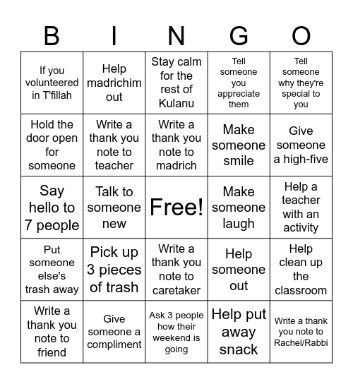 Mitzvah Bingo Card