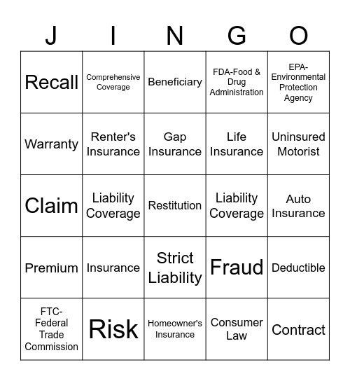 Insurance and Consumer Law Jingo Bingo Card