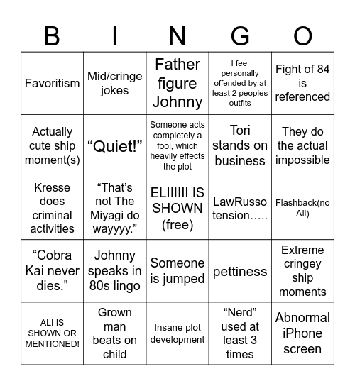 Cobra Kai Bingo 2 Bingo Card