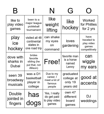 Wilkins Wedding Guest Fun Facts Bingo Card