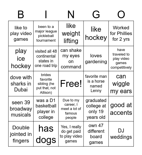 Wilkins Wedding Guest Fun Facts Bingo Card