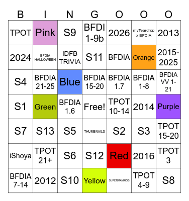 COLORS & BFDIA ROBLOX Bingo Card