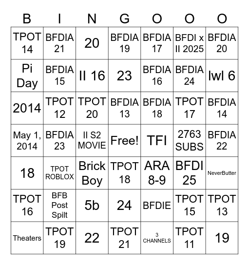 All Object Show Refrences Bingo Card