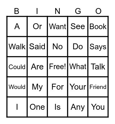 Heart Words Bingo Card