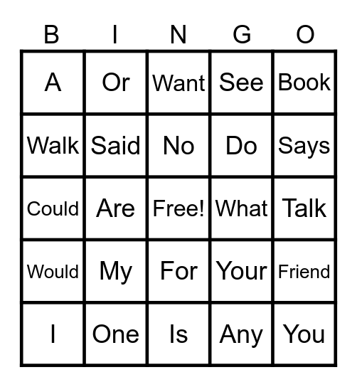 Heart Words Bingo Card