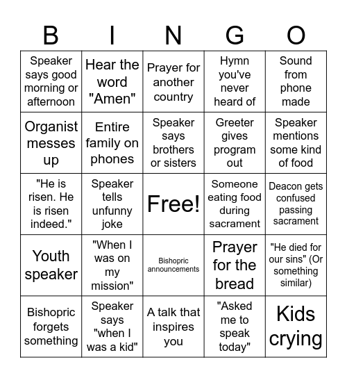 Palm Sunday Sacrament Meeting Bingo Card