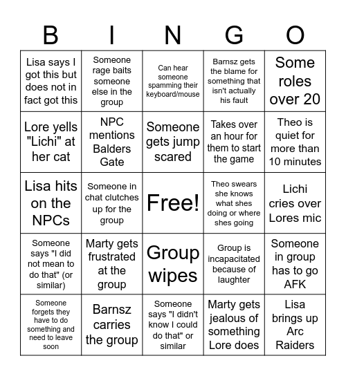 Balders Gate 3 Bingo Card