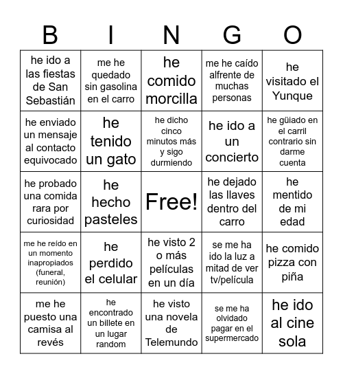 BINGO: NUNCA NUNCA Bingo Card