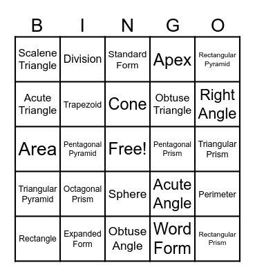 Math Vocabulary Bingo! Bingo Card