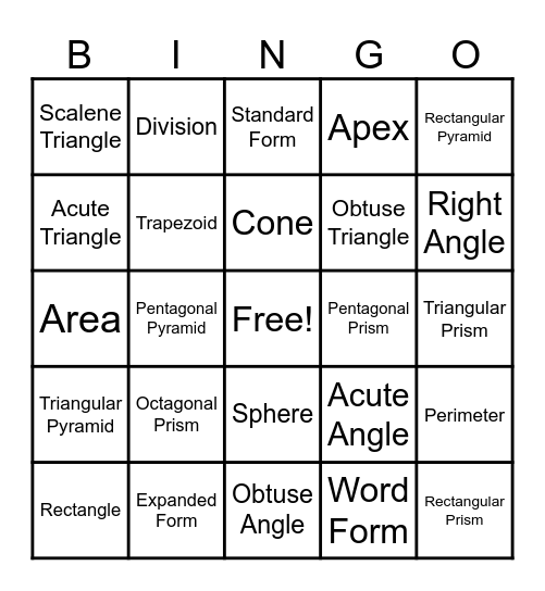 Math Vocabulary Bingo! Bingo Card