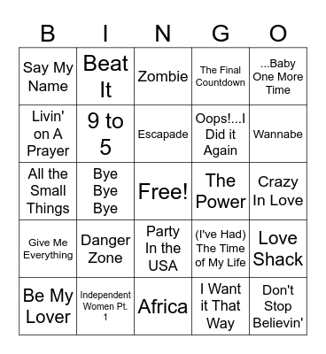 Music Hits Bingo Card