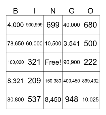 Numeros 200-1,000,000 Bingo Card