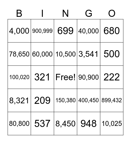 Numeros 200-1,000,000 Bingo Card