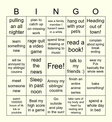Spring Break Bingo Card