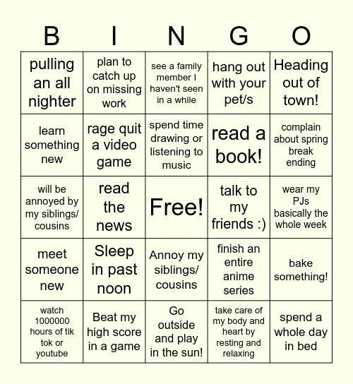 Spring Break Bingo Card