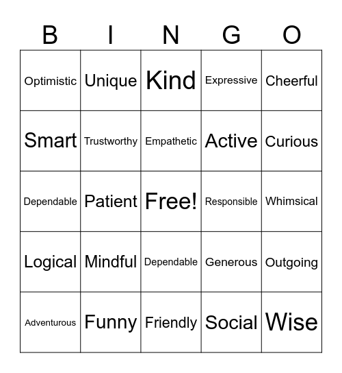 Positive Trait Bingo Card