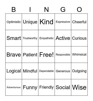 Positive Trait Bingo Card