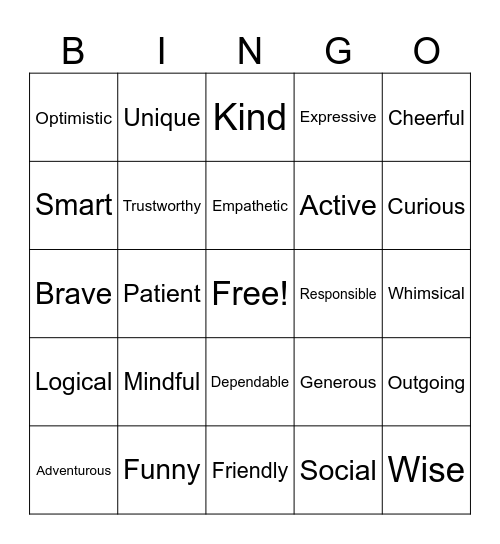 Positive Trait Bingo Card
