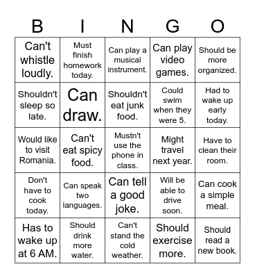 Modal Verbs Bingo Card