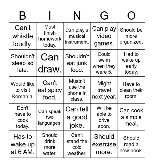 Modal Verbs Bingo Card