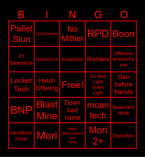 DBD Killer Bingo Card