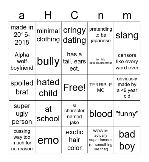 Gacha Stories Bingo Card