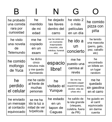 BINGO: NUNCA NUNCA Bingo Card