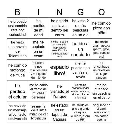 BINGO: NUNCA NUNCA Bingo Card