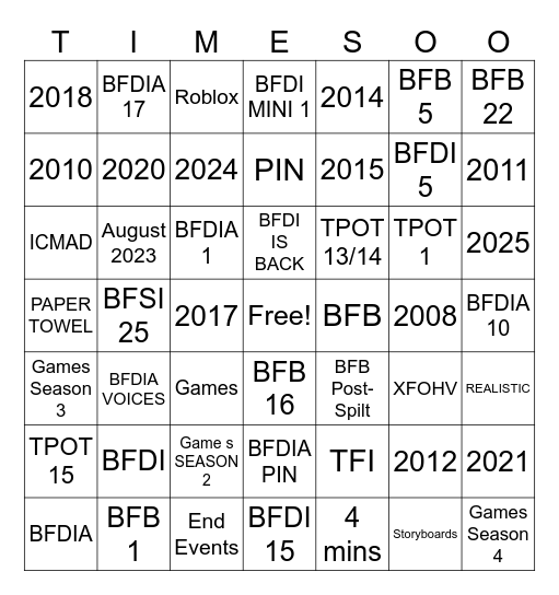 BFDI TIMELINE Bingo Card