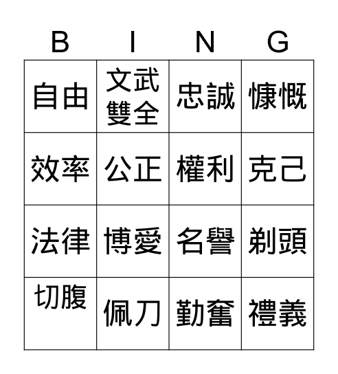 Chinese Bingo Card