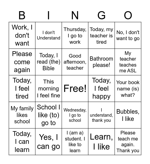 ASL Sentences - BINGO Card
