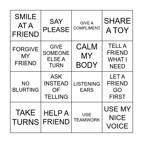 My Good Choices Bingo Card