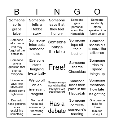 Pesach Seder Bingo Card