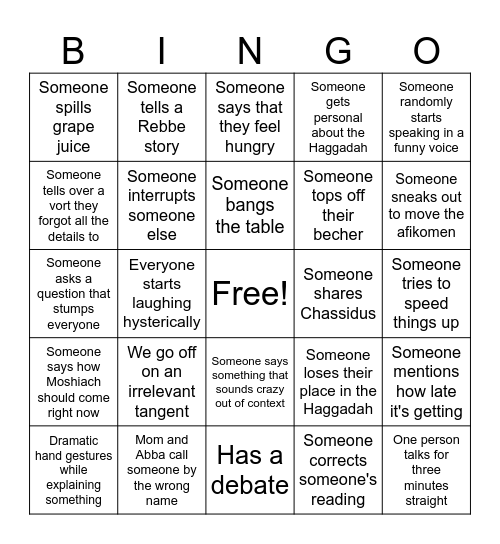 Pesach Seder Bingo Card