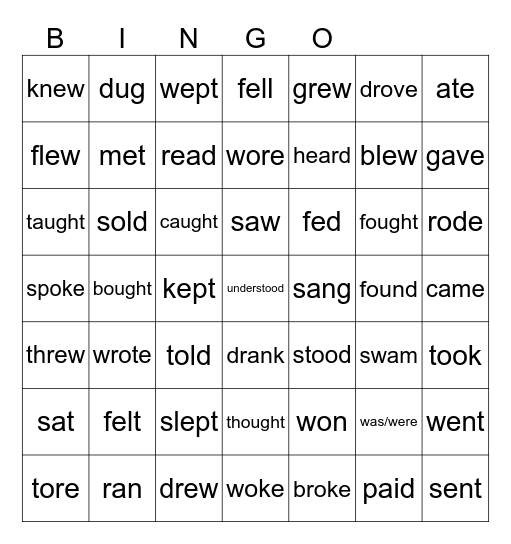 Irregular verbs Bingo Card