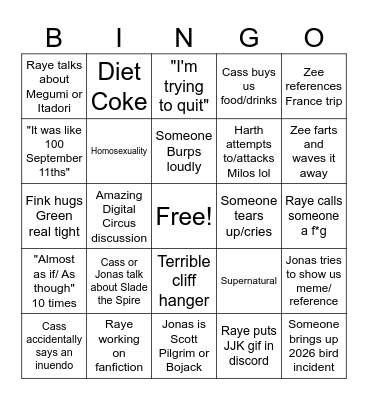 Dungeons and Dragon's predication's Bingo Card