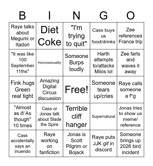 Dungeons and Dragon's predication's Bingo Card