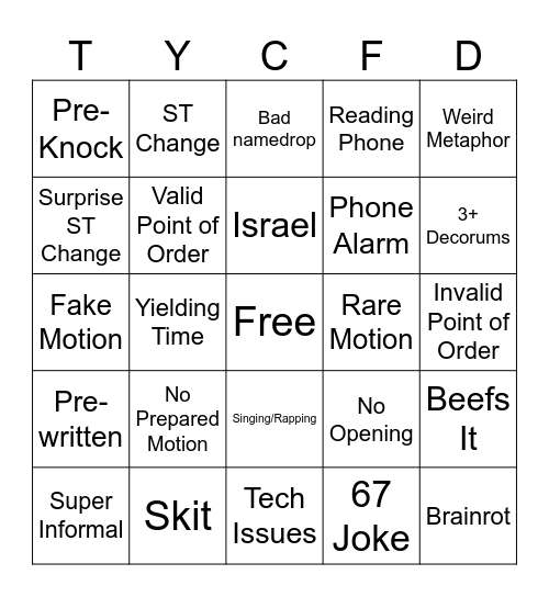 Formal Session Bingo Card